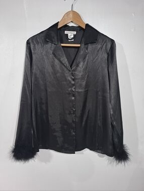 Linea Donatella Womens Sz S Marabou Feather Satin Pajama Top ONLY Black Elegant